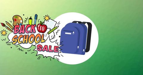 Back to school sale with diverse school icons on green