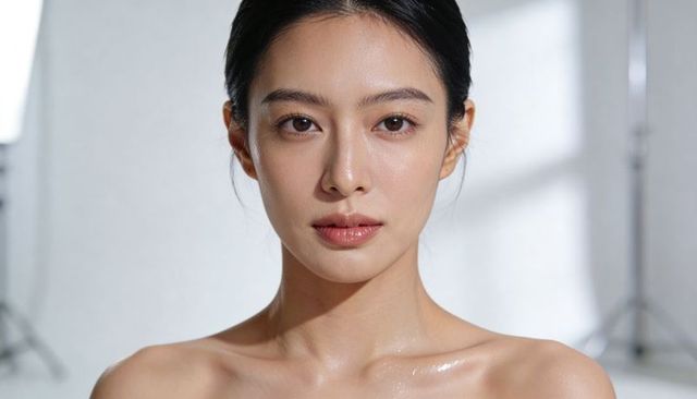 Asian woman with dewy skin and bare shoulders studio headshot emphasizing natural glow