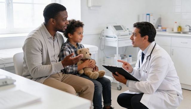 Pediatrician consulting with father and child holding teddy bear during clinic visit