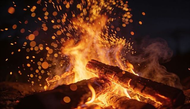 Crackling campfire burning logs with glowing sparks and floating embers at night outdoors