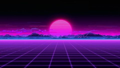 Neon Sun Setting Over Retro Grid Horizon - 80s Synthwave Cyberpunk Landscape