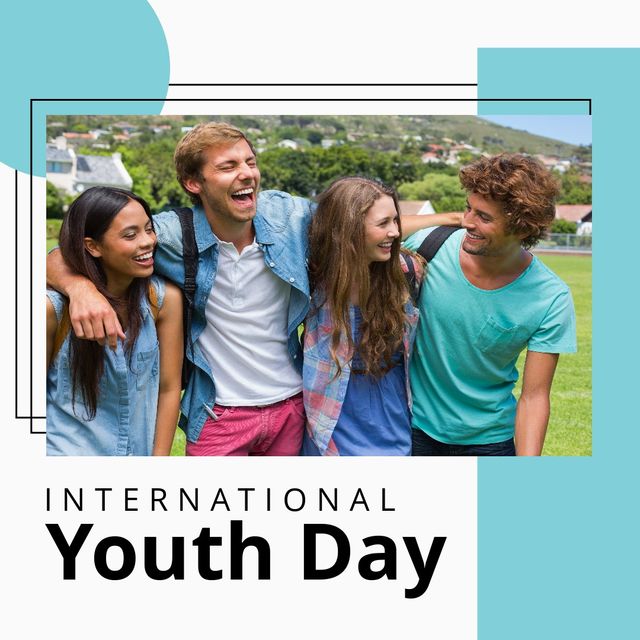 Composite of caucasian young male and female friends laughing and international youth day text. friendship, togetherness, happy, youth, celebration, cultural and legal issues awareness concept.