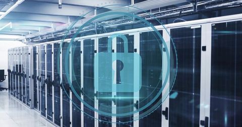 Digital Security Lock Icon Overlay on Modern Data Center