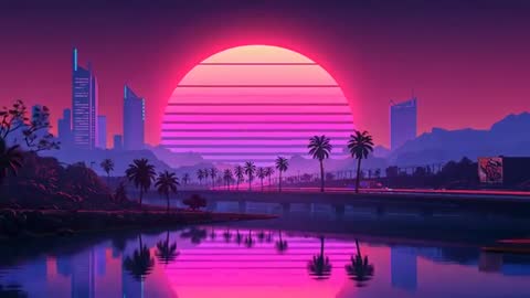 Neon Sunset Cityscape Loop with Palm Reflections and Light Trail Coastal Drive