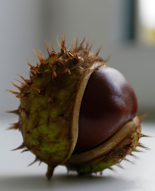Close up of horse chestnut on table created using generative ai technology. Plant and nature concept, digitally generated image.