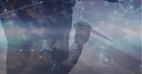 Businesswoman Walking with Coffee Overlaid by Digital Network