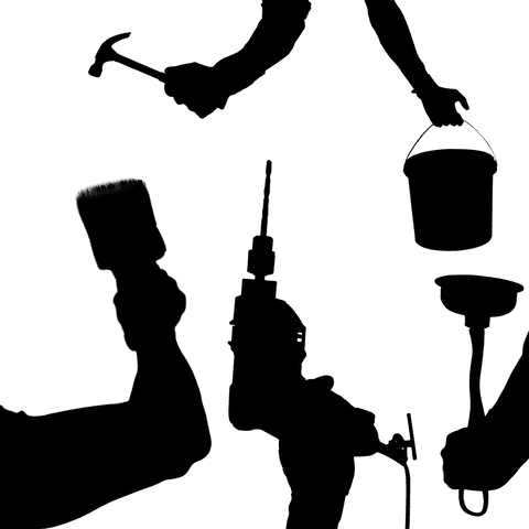 Transparent silhouette of hands holding renovation tools