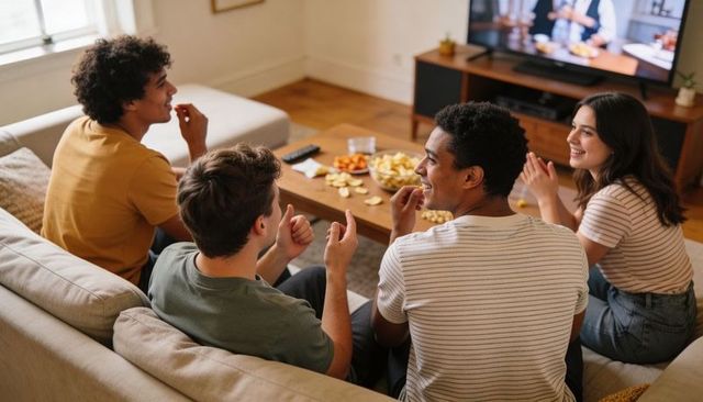 Group of friends watching tv, reacting and laughing in cozy living room while eating snacks
