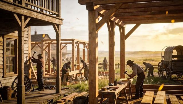 Hammering frontier carpenters framing wooden main street at golden hour