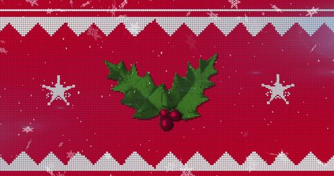 Festive christmas holly with snowfall on knitted fabric
