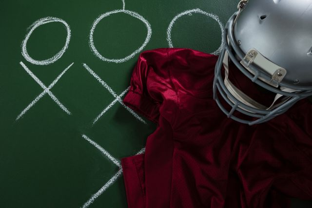 Close-up of American football jersey and head gear lying on green board with strategy drawn on it