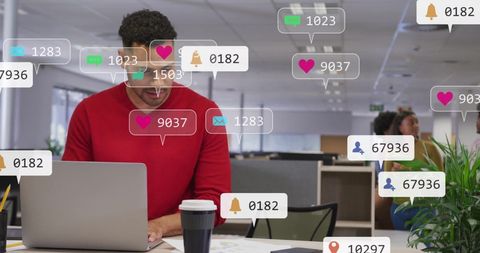 Digital notifications overload while working on laptop in office