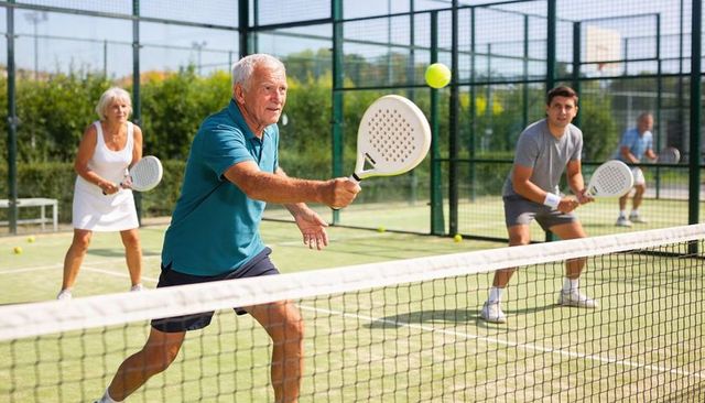 Active senior doubles playing padel on outdoor court showing volley, teamwork, fitness