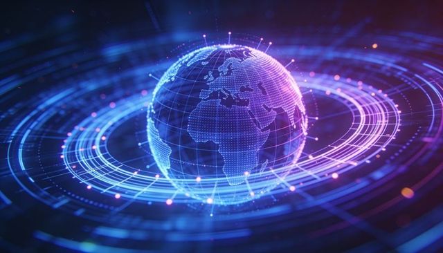 Rotating holographic wireframe globe neon data rings for futuristic tech visualization