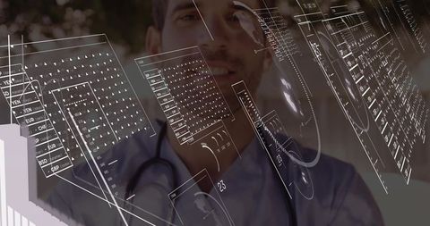 Doctor in Scrubs Analyzing Digital Currency Data with Stethoscope