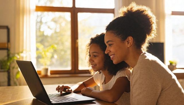 Mother and Daughter Learning on Laptop in Sunlit Home, Smiling and Collaborating