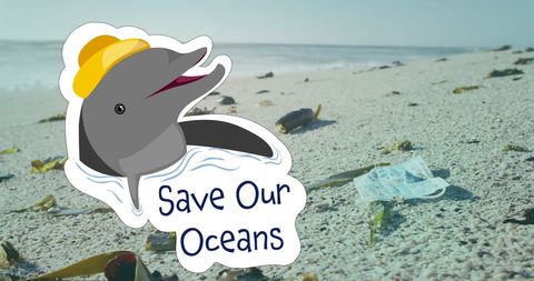 Digital art advocating ocean conservation with dolphin icon