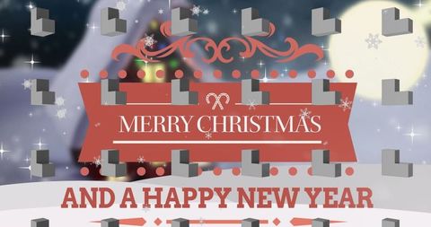 Holiday Greeting Ribbon Banner Over Snowy Landscape