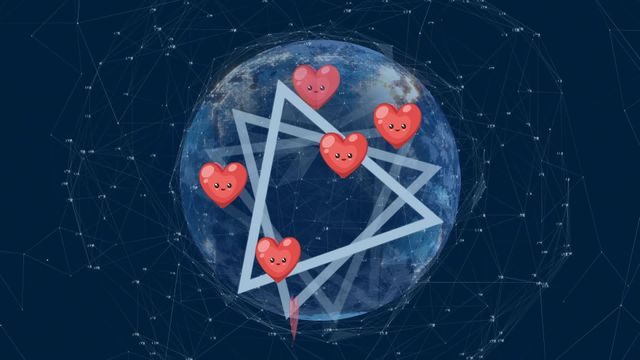 Animation showing a global digital network with heart icons floating on a background of the Earth. Useful for illustrating worldwide connectivity, social media interactions, technology trends, or online communities.