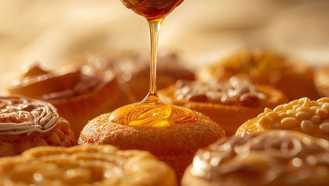 Drizzling amber syrup onto glazed donut with assorted toppings, bakery close-up macro