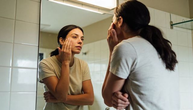Young woman inspecting skin in bathroom mirror leaning on vanity practicing skincare