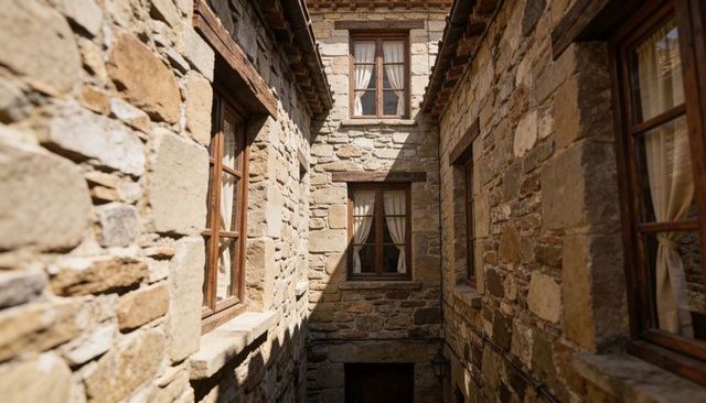 Sunlit narrow stone courtyard showing stacked windows, diagonal shadows, warm timber
