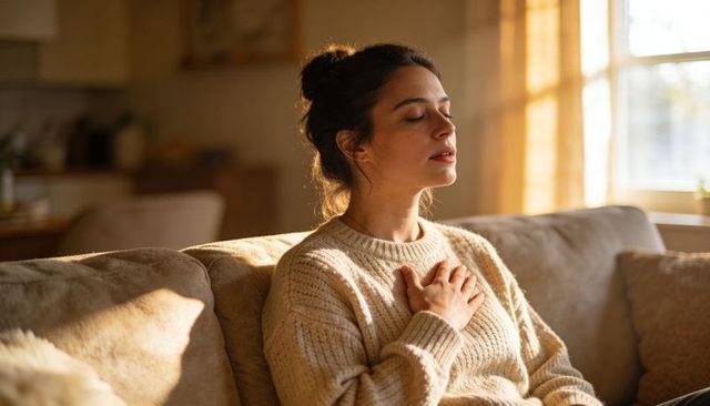 Young woman practicing deep breathing on sunlit sofa wearing cream knit sweater