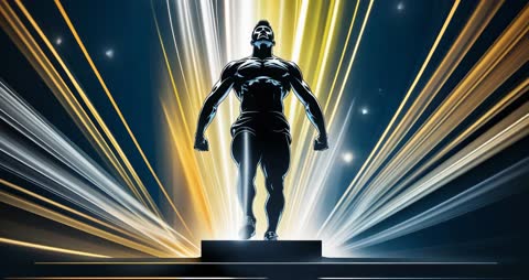 Triumphant Hero Illuminated by Beaming Lights