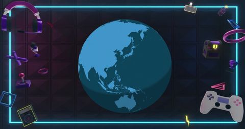 Digital Gaming World with Retro Icons and Globe