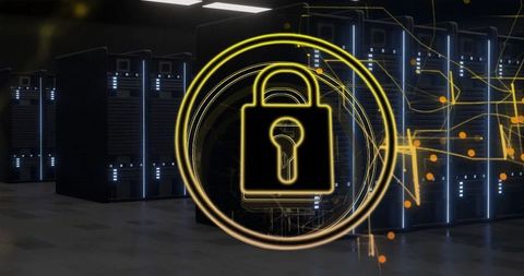Glowing padlock overlay in server room symbolizing cybersecurity