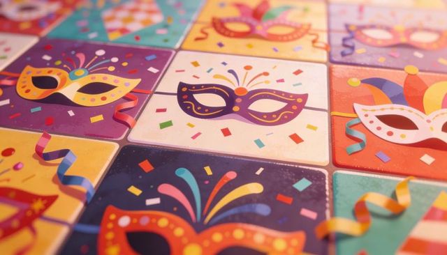 Vibrant carnival mask tile pattern with confetti, streamers and festive decorative tiles