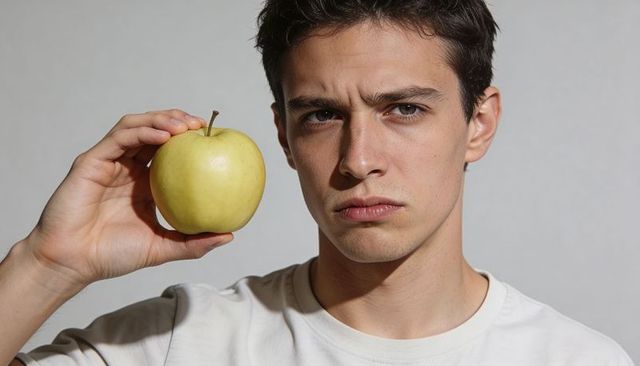 Serious young man holding pale green apple beside temple closeup portrait