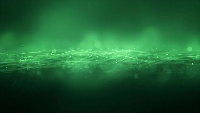 Radiant neon green waveforms flowing across deep gradient background with glowing particles
