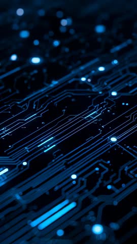 Vertical circuit board panning revealing glowing blue traces and data nodes for tech