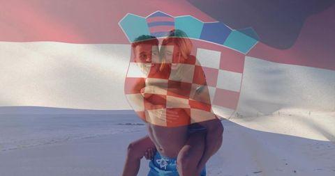 Couple enjoying piggyback ride on beach with croatian flag overlay