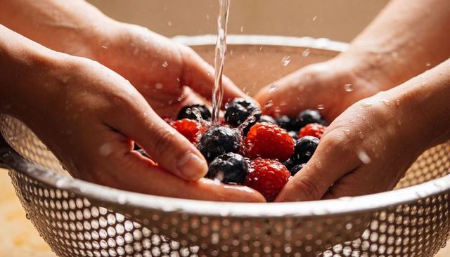 Washing fresh blueberries and raspberries under running water in stainless colander