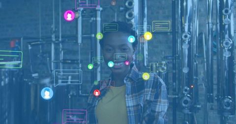 Technician using augmented reality bubbles for monitoring stainless steel processing plant