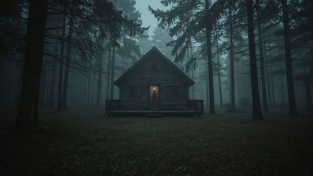 Eerie Woodland Cabin in Mysterious Mist with Lone Figure