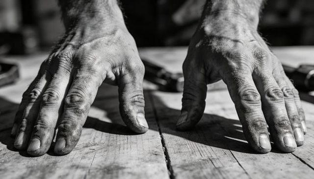 Rough calloused hands resting on worn wooden workbench closeup monochrome craftsmanship