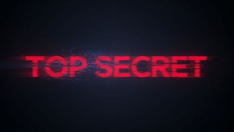 Glitching red top secret text pulsing across dark cyber display with blue pixel noise