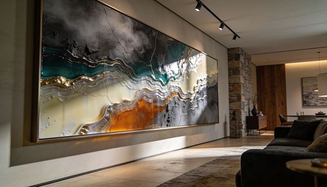 Large abstract resin wall art featuring metallic waves and glossy epoxy in luxury lounge