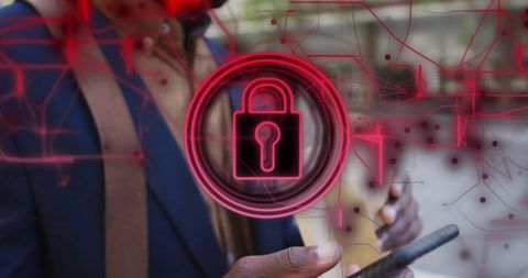 Business professional securing mobile data with neon padlock overlay on urban smartphone