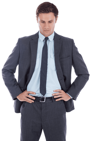 Serious Businessman in Suit with Hands on Hips on Transparent Background