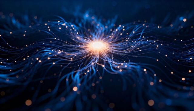 Radiating core emitting blue neural filaments across dark digital space with golden nodes