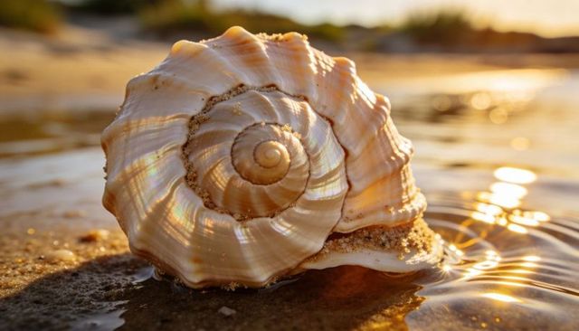 Macro iridescent conch shell on wet sand at golden hour with pearlescent shine and ripples