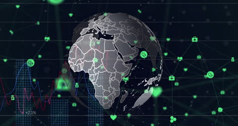 Rotating Globe with Digital Graphs and Icons Illustrating Global Connectivity