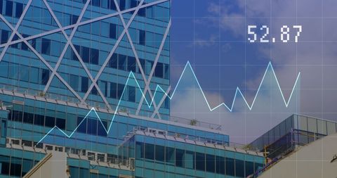 Financial Data Graph Over Cityscape with Modern Buildings