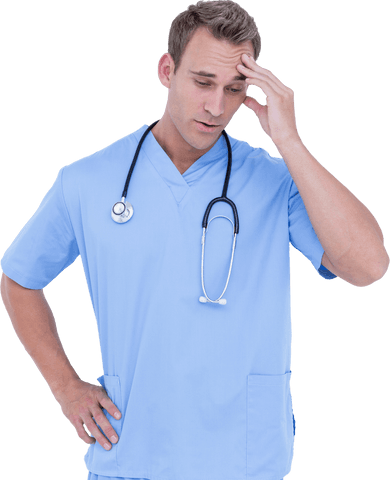 Transparent male doctor stress touching headache stethoscope