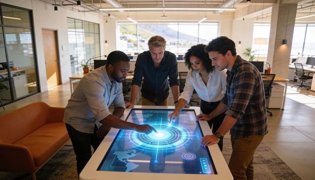 Team Collaborating on Interactive Touchscreen Table with Futuristic HUD and Data Visualization