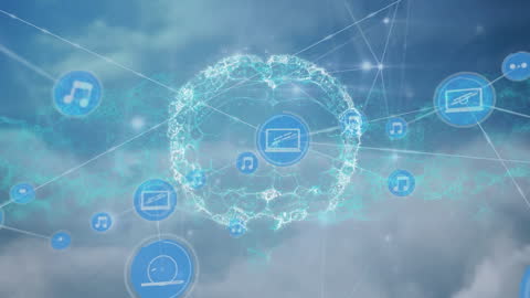 Digital Network with Brain and Technology Icons in Cloudy Sky